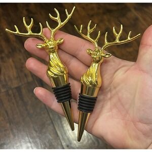 Set‎ of 2 Wild Eye Designs Wine Bottle Stoppers Gold Reindeer Antlers Hunters
